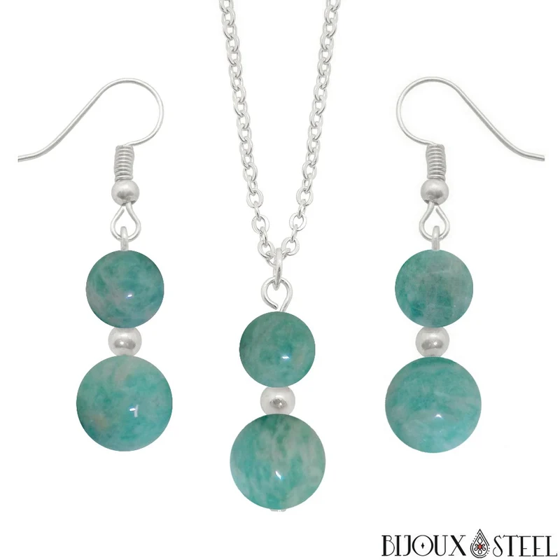 Parure amazonite en pierre naturelle et acier inoxydable