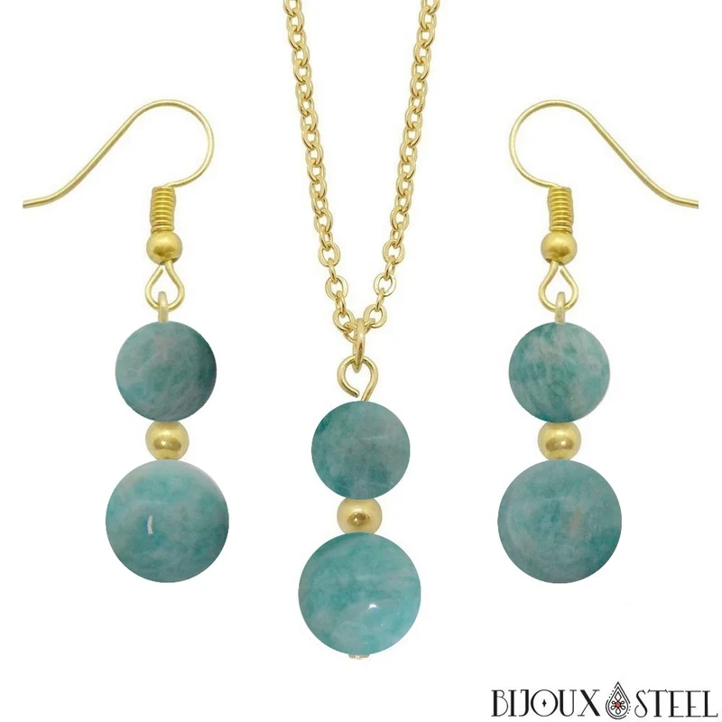 Parure amazonite en pierre naturelle et acier inoxydable