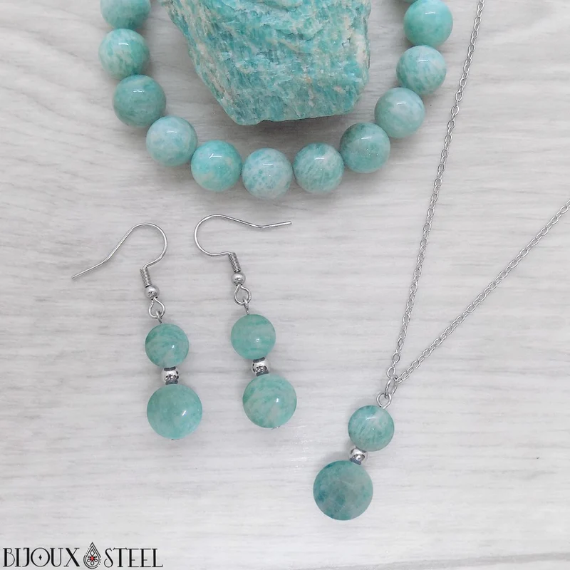 Parure amazonite en pierre naturelle et acier inoxydable