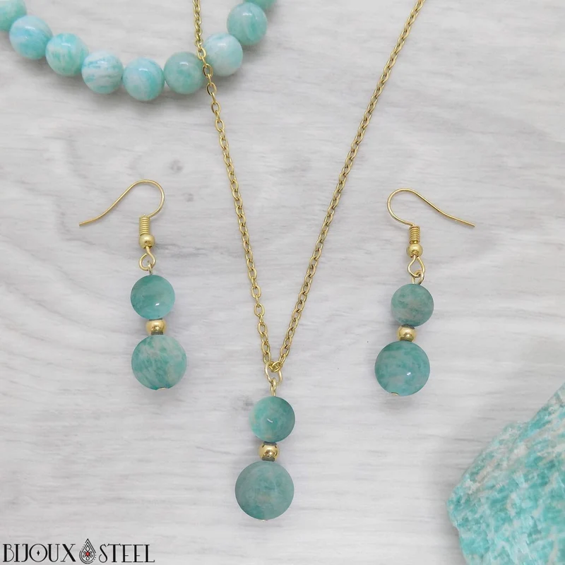 Parure amazonite en pierre naturelle et acier inoxydable