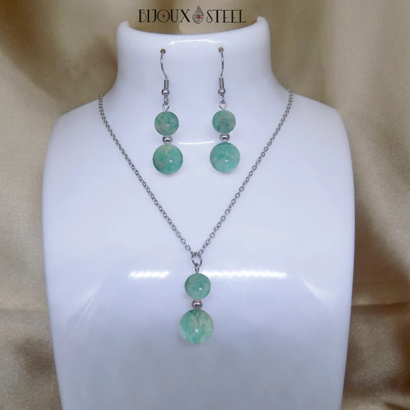 Parure amazonite en pierre naturelle et acier inoxydable