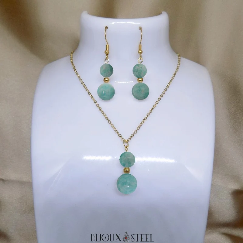 Parure amazonite en pierre naturelle et acier inoxydable
