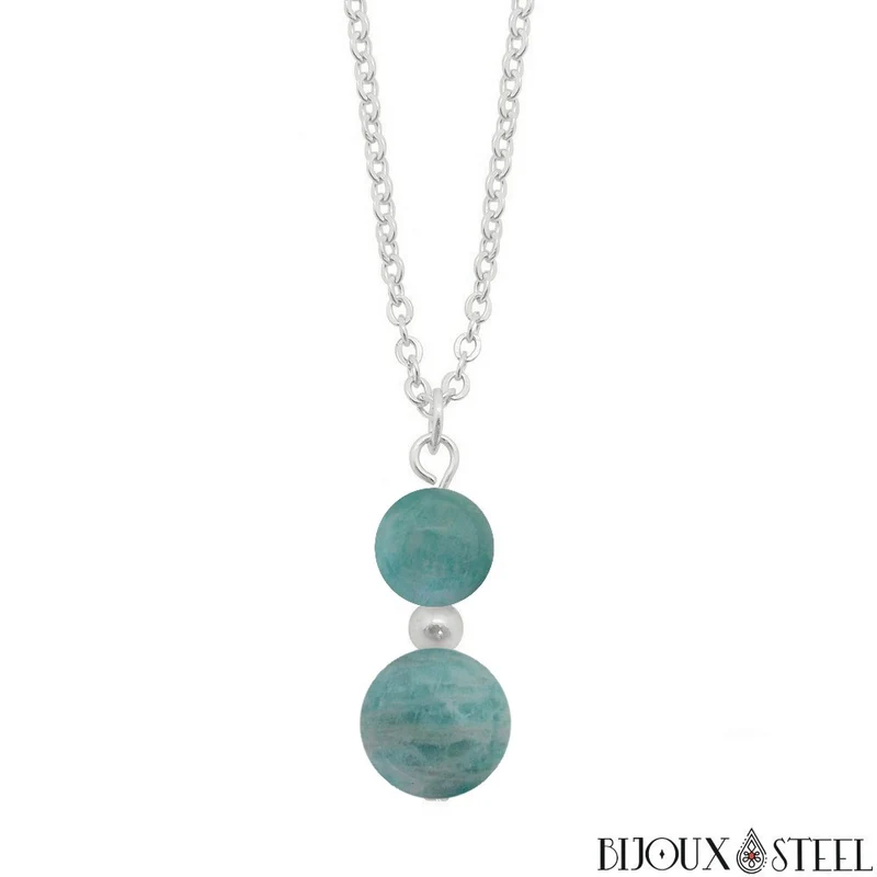 Collier à pendentif deux perles en pierre d'amazonite