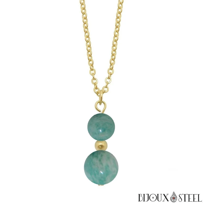 Collier à pendentif deux perles en pierre d'amazonite