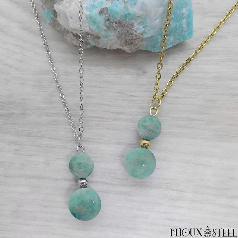 Collier à pendentif deux perles en pierre d'amazonite