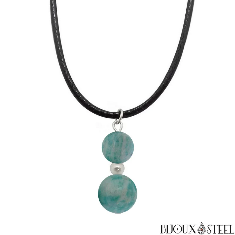 Collier à pendentif deux perles en pierre d'amazonite