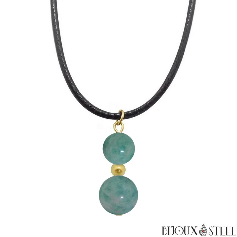 Collier à pendentif deux perles en pierre d'amazonite