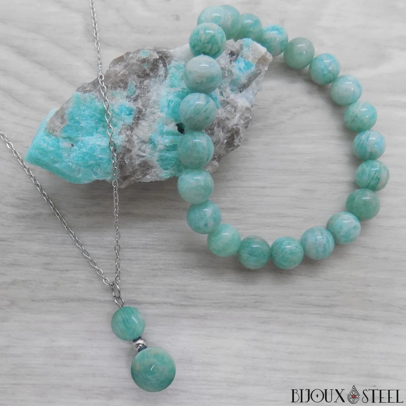 Collier à pendentif deux perles en pierre d'amazonite