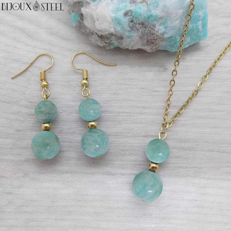 Collier à pendentif deux perles en pierre d'amazonite