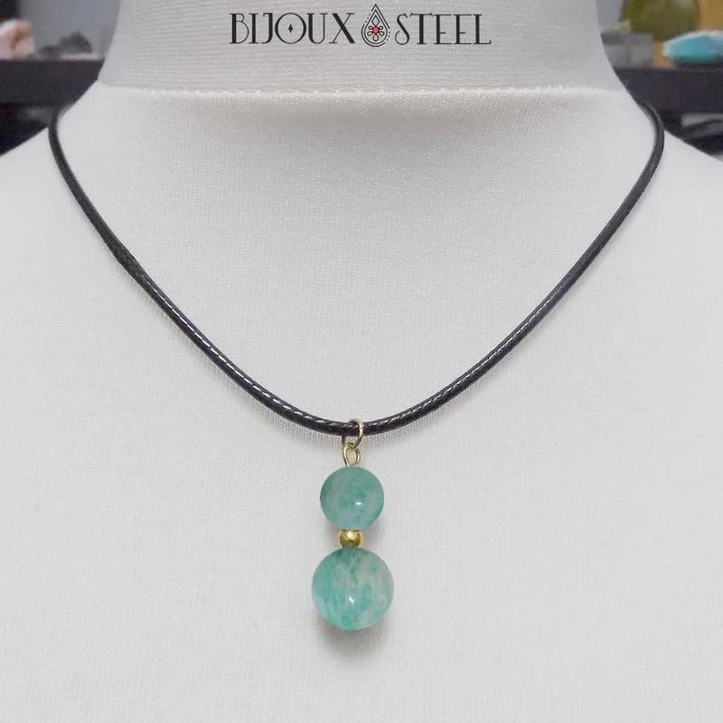 Collier à pendentif deux perles en pierre d'amazonite