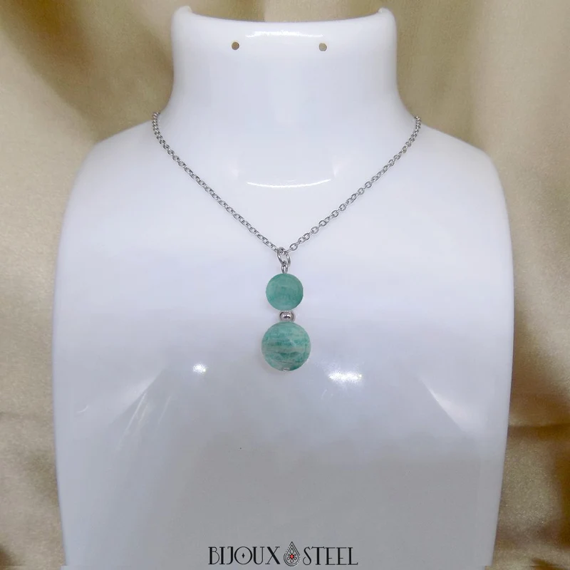 Collier à pendentif deux perles en pierre d'amazonite