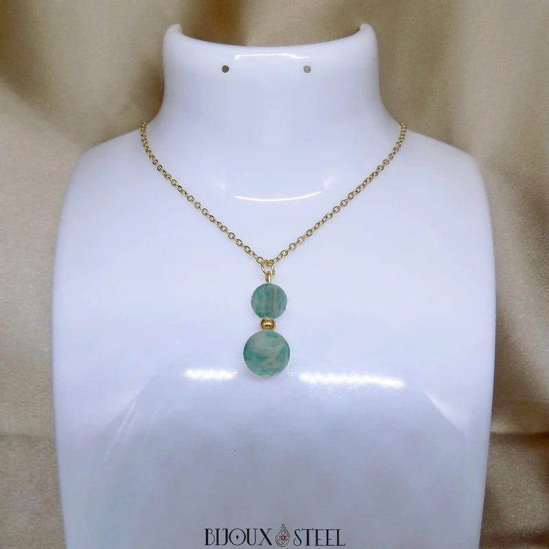 Collier à pendentif deux perles en pierre d'amazonite