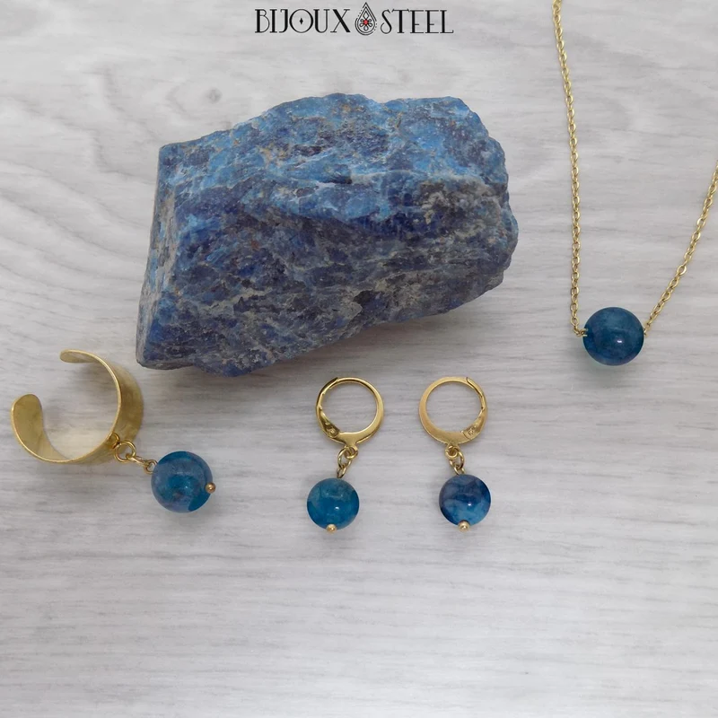 Boucles d'oreilles créoles à pendentifs perles d'apatite bleue