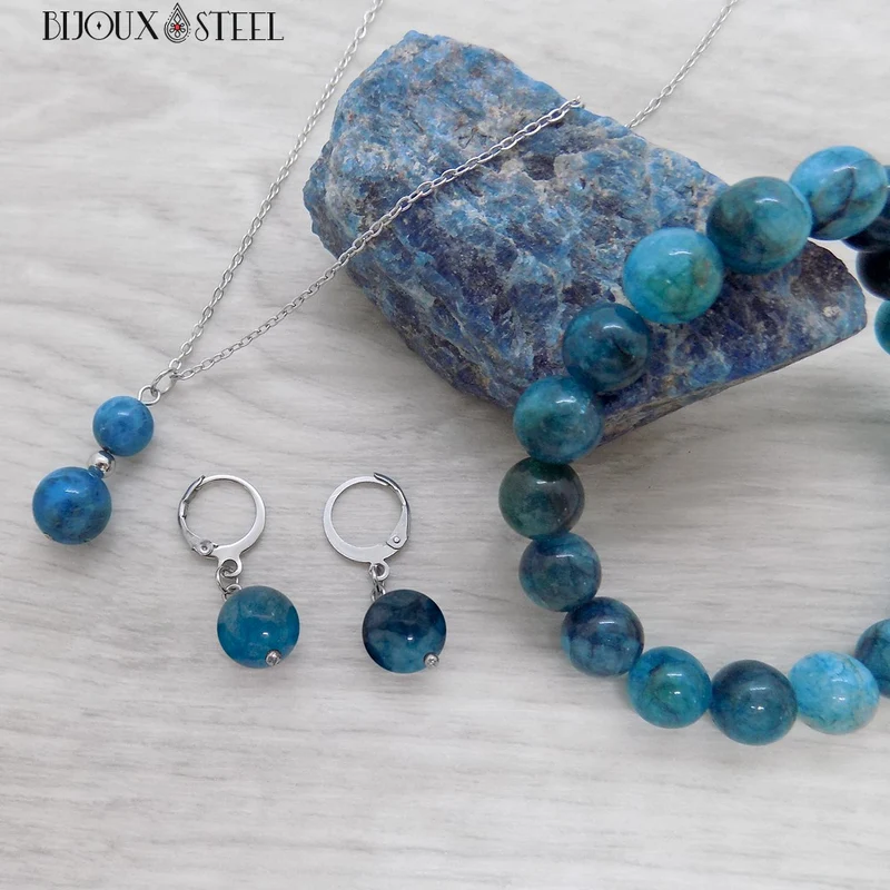 Boucles d'oreilles créoles à pendentifs perles d'apatite bleue