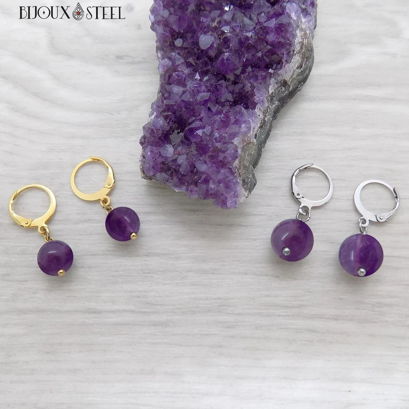 Boucles d'oreilles créoles à pendentifs perles d'améthyste