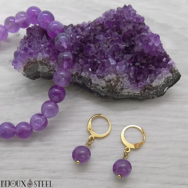Boucles d'oreilles créoles à pendentifs perles d'améthyste
