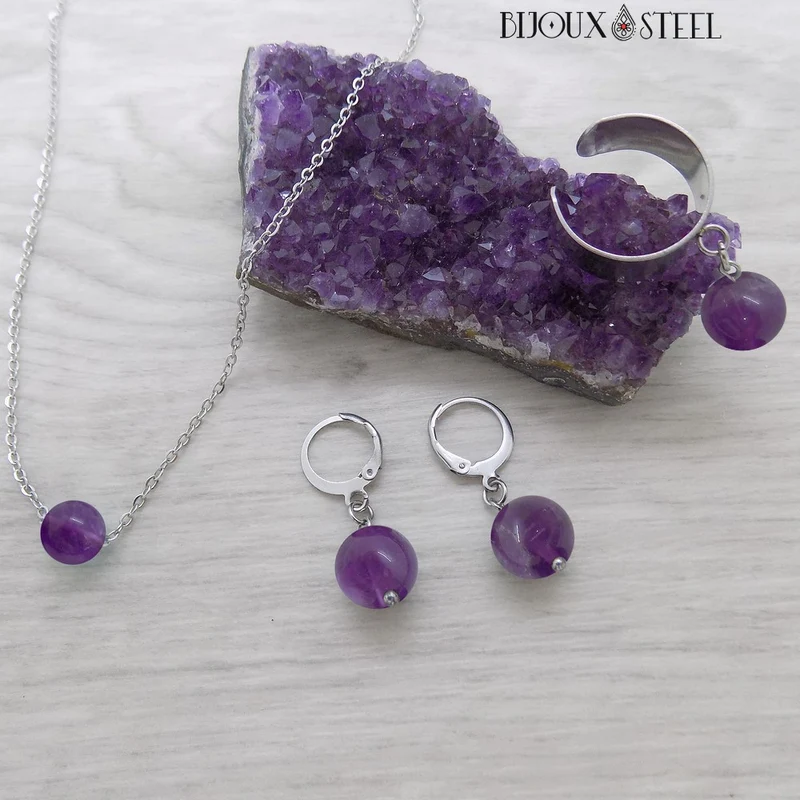Boucles d'oreilles créoles à pendentifs perles d'améthyste