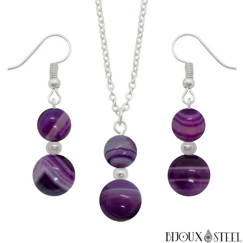 Parure agate violette en pierre naturelle teintée et acier inoxydable