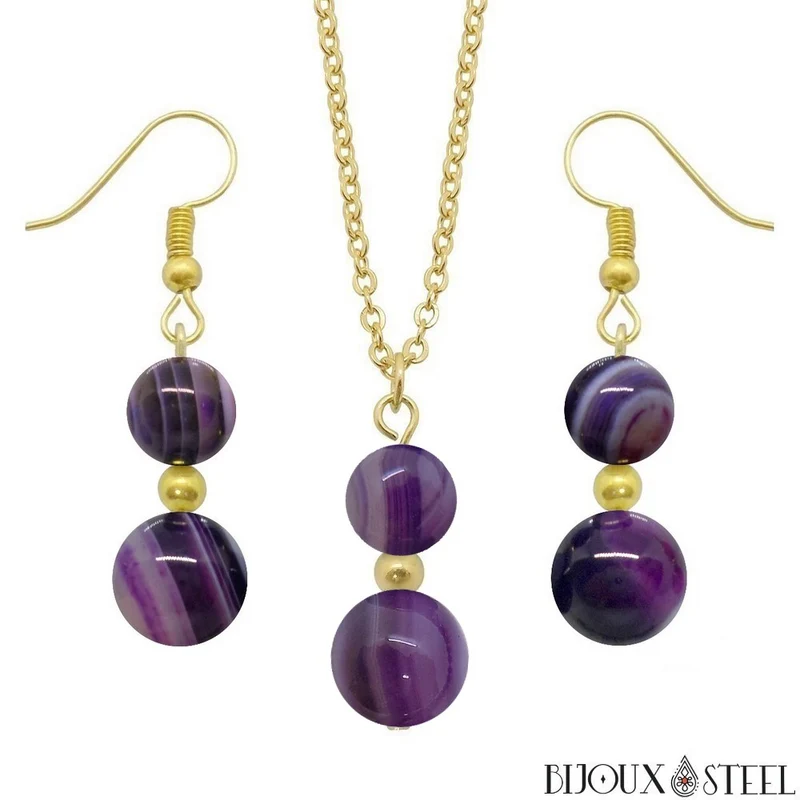 Parure agate violette en pierre naturelle teintée et acier inoxydable