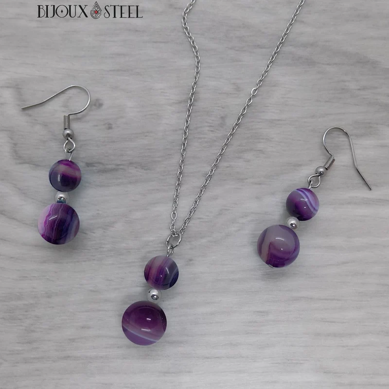 Parure agate violette en pierre naturelle teintée et acier inoxydable
