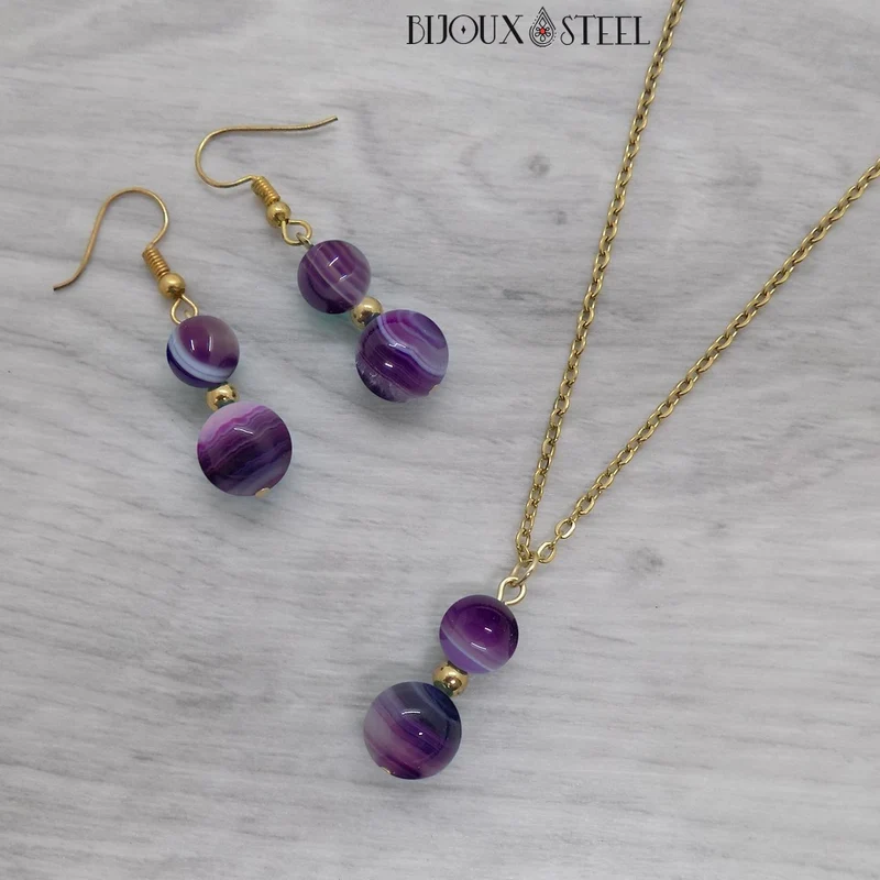 Parure agate violette en pierre naturelle teintée et acier inoxydable