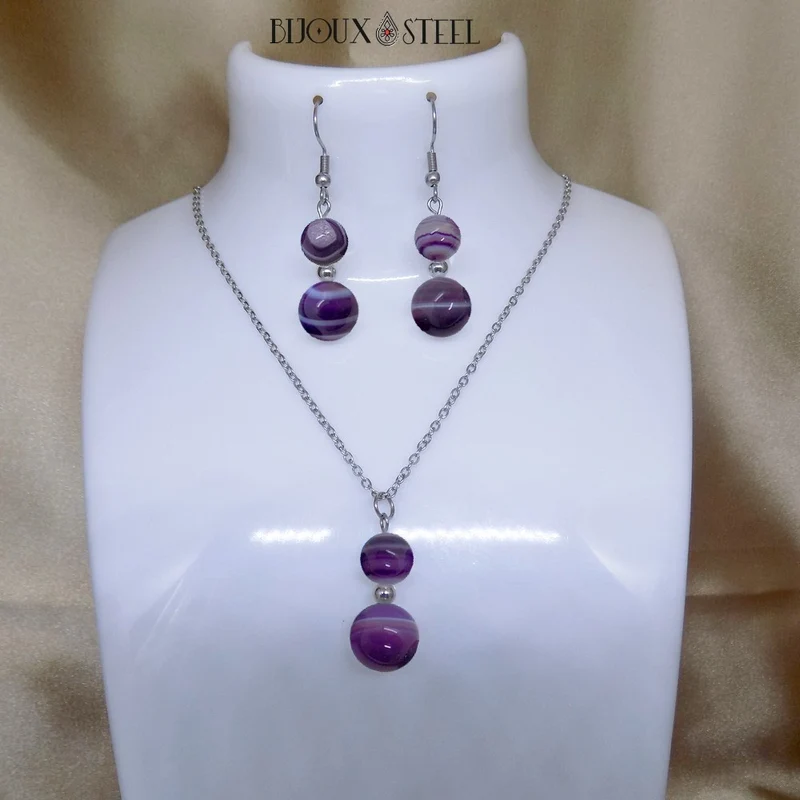 Parure agate violette en pierre naturelle teintée et acier inoxydable