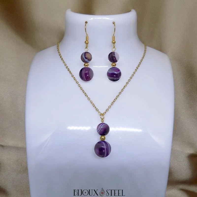 Parure agate violette en pierre naturelle teintée et acier inoxydable