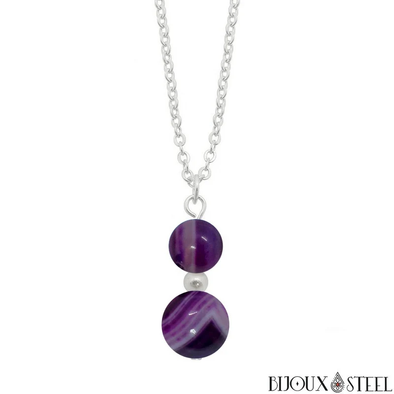Collier à pendentif deux perles en pierre d'agate violette