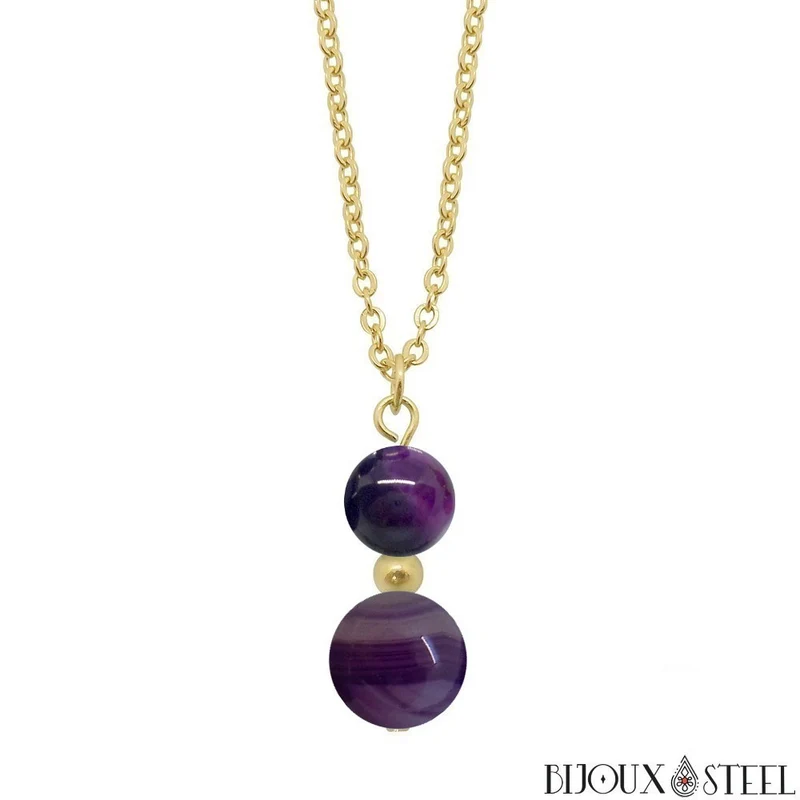 Collier à pendentif deux perles en pierre d'agate violette