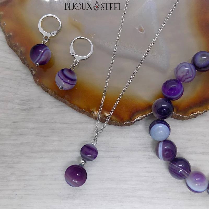 Collier à pendentif deux perles en pierre d'agate violette