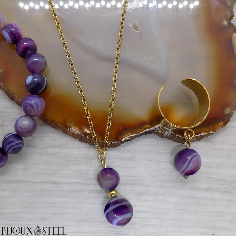 Collier à pendentif deux perles en pierre d'agate violette