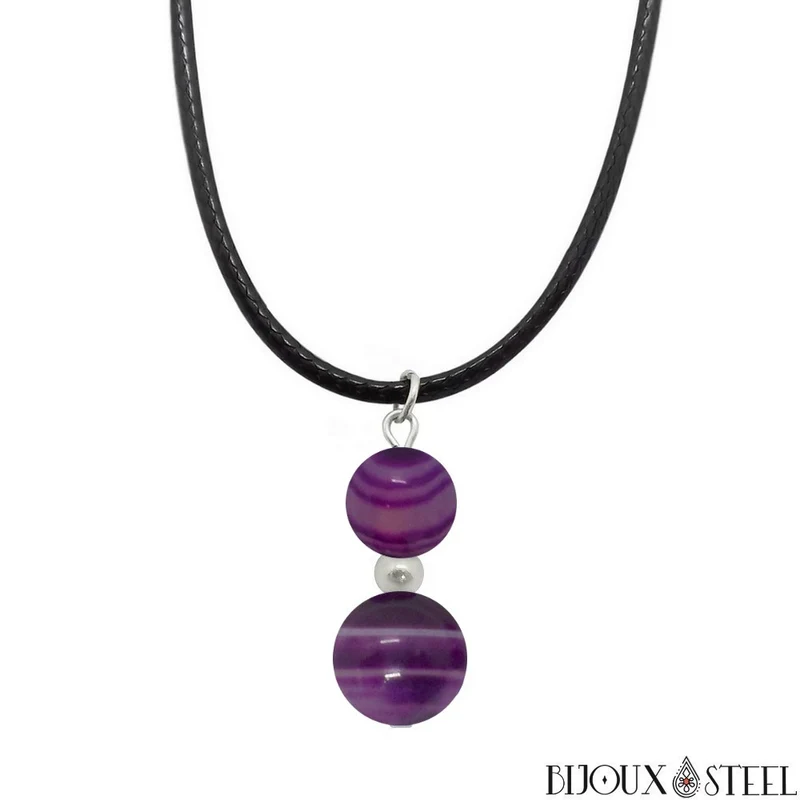 Collier à pendentif deux perles en pierre d'agate violette