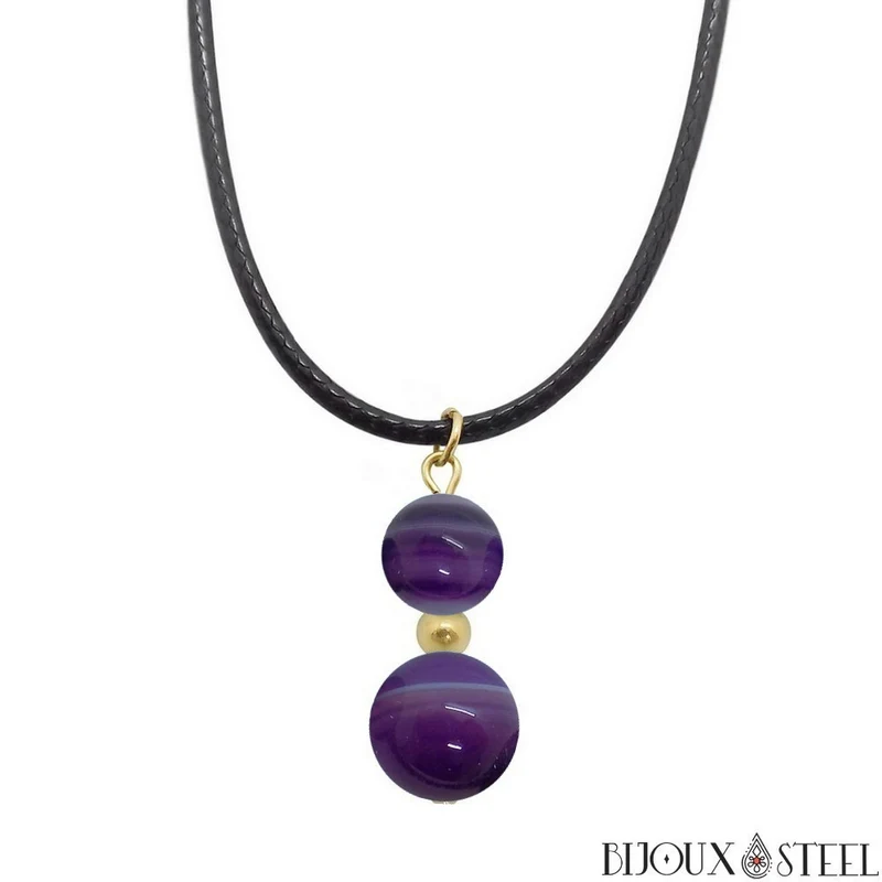 Collier à pendentif deux perles en pierre d'agate violette