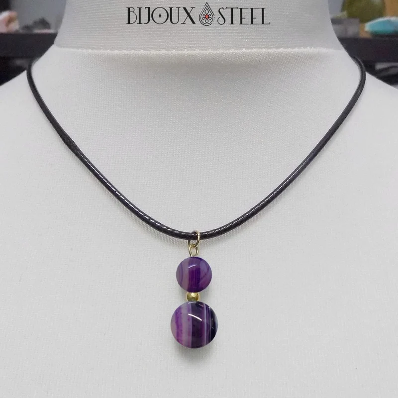 Collier à pendentif deux perles en pierre d'agate violette