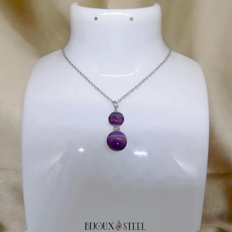 Collier à pendentif deux perles en pierre d'agate violette