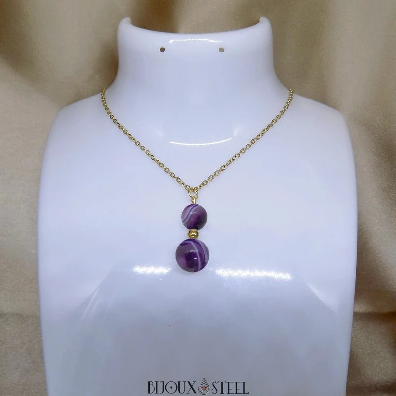 Collier à pendentif deux perles en pierre d'agate violette