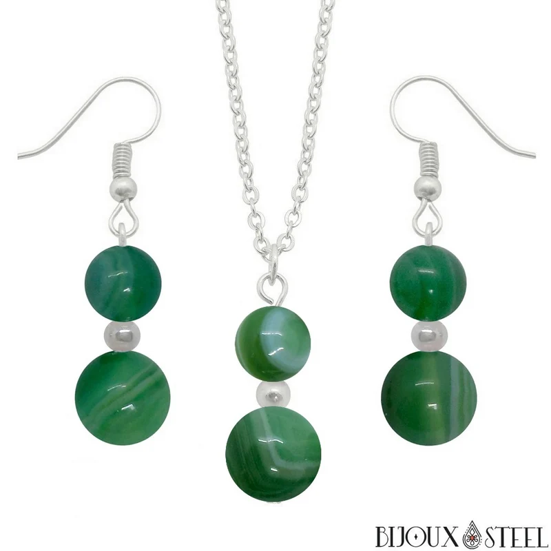 Parure agate verte en pierre naturelle teintée et acier inoxydable