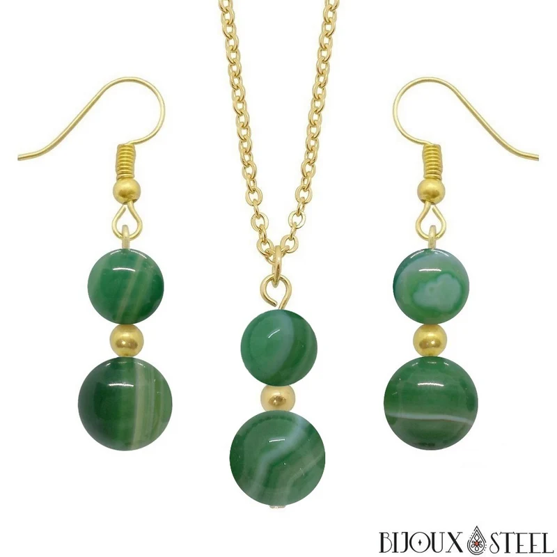 Parure agate verte en pierre naturelle teintée et acier inoxydable