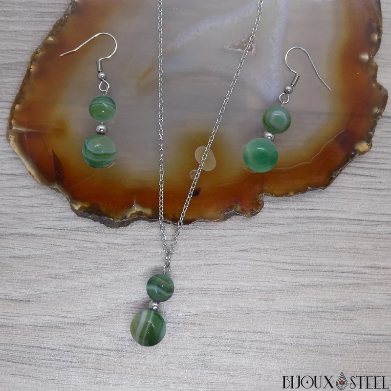 Parure agate verte en pierre naturelle teintée et acier inoxydable
