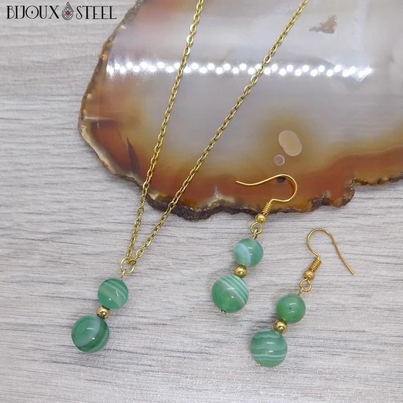 Parure agate verte en pierre naturelle teintée et acier inoxydable