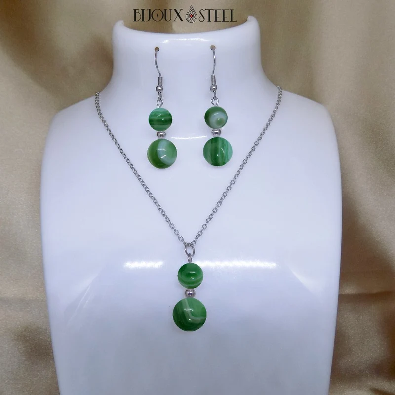 Parure agate verte en pierre naturelle teintée et acier inoxydable