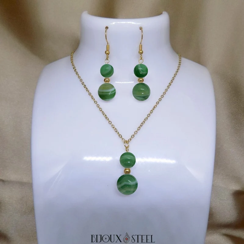 Parure agate verte en pierre naturelle teintée et acier inoxydable