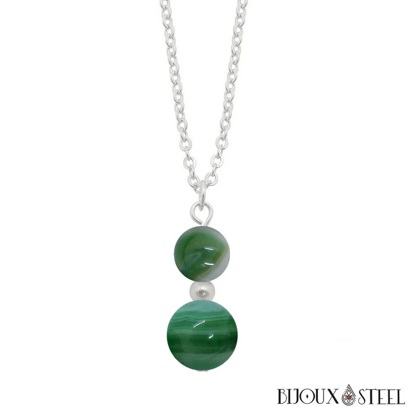 Collier à pendentif deux perles en pierre d'agate verte
