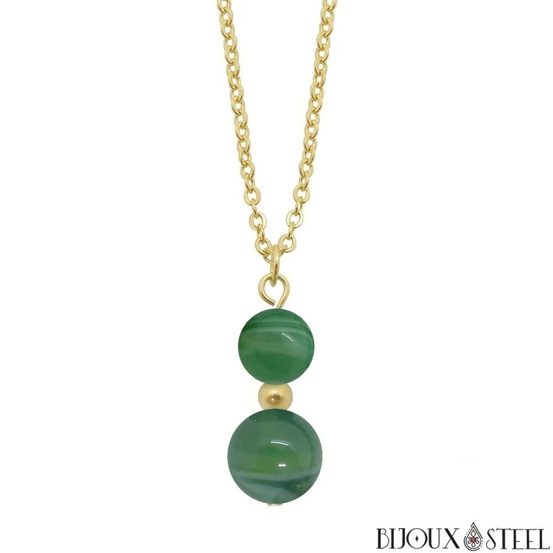 Collier à pendentif deux perles en pierre d'agate verte