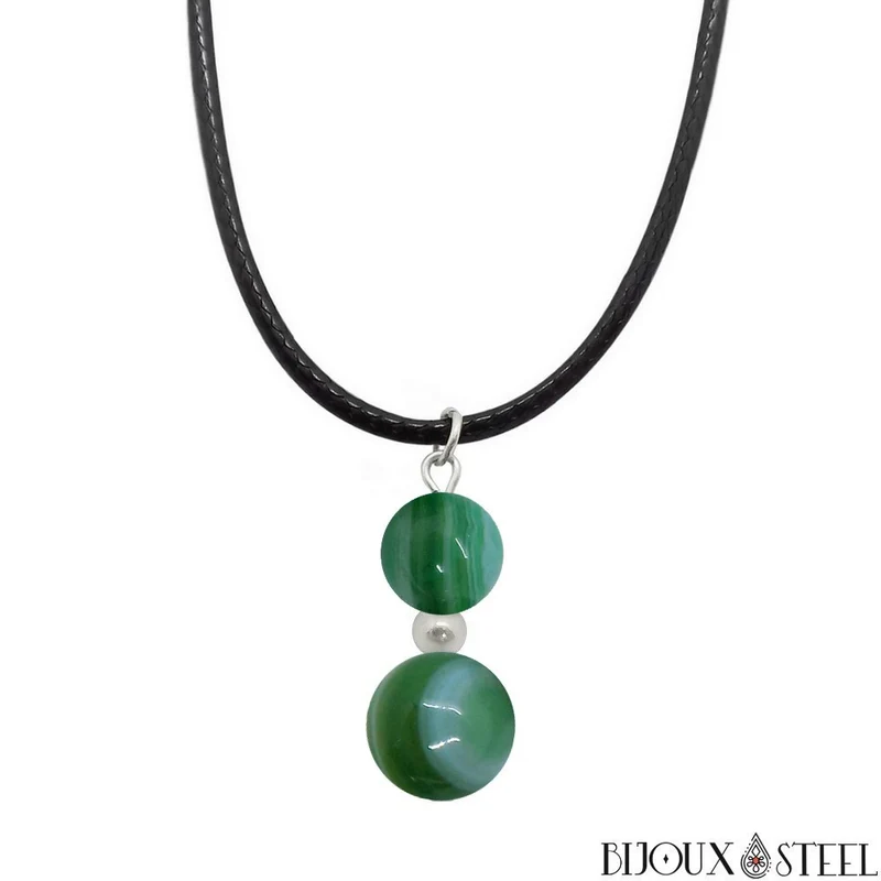 Collier à pendentif deux perles en pierre d'agate verte