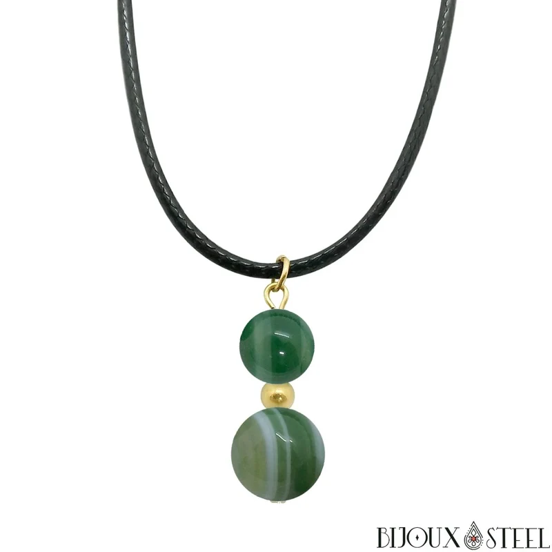 Collier à pendentif deux perles en pierre d'agate verte