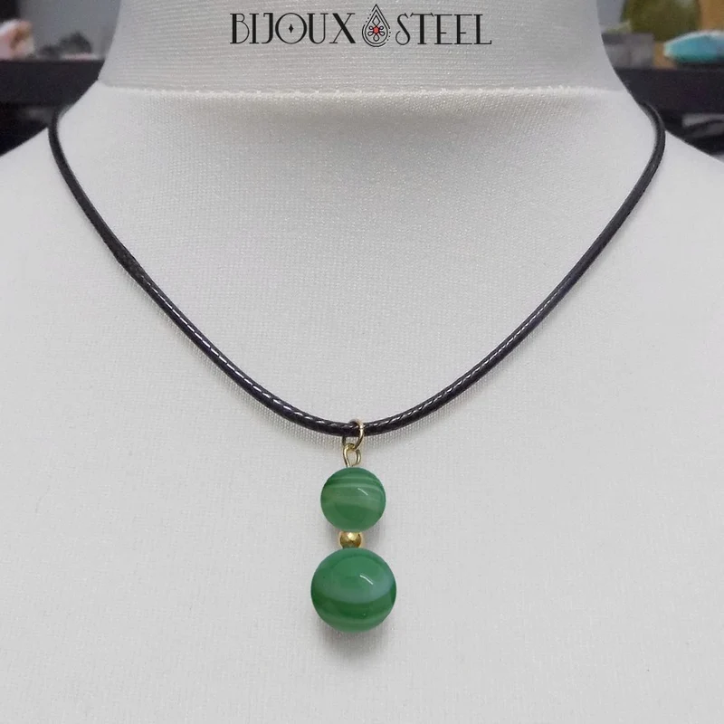 Collier à pendentif deux perles en pierre d'agate verte