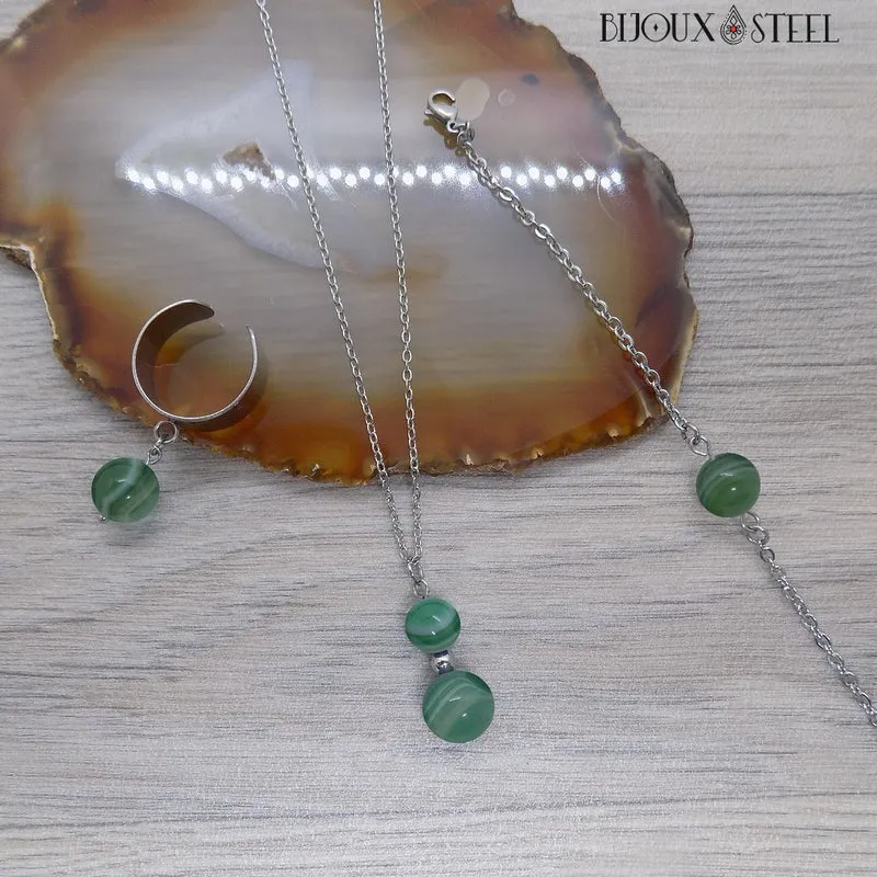 Collier à pendentif deux perles en pierre d'agate verte
