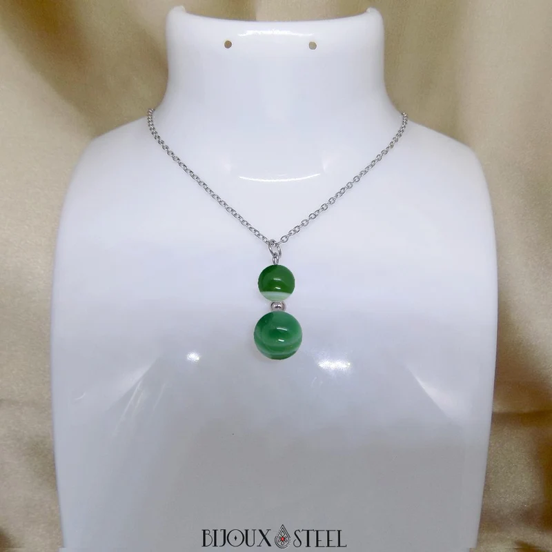 Collier à pendentif deux perles en pierre d'agate verte