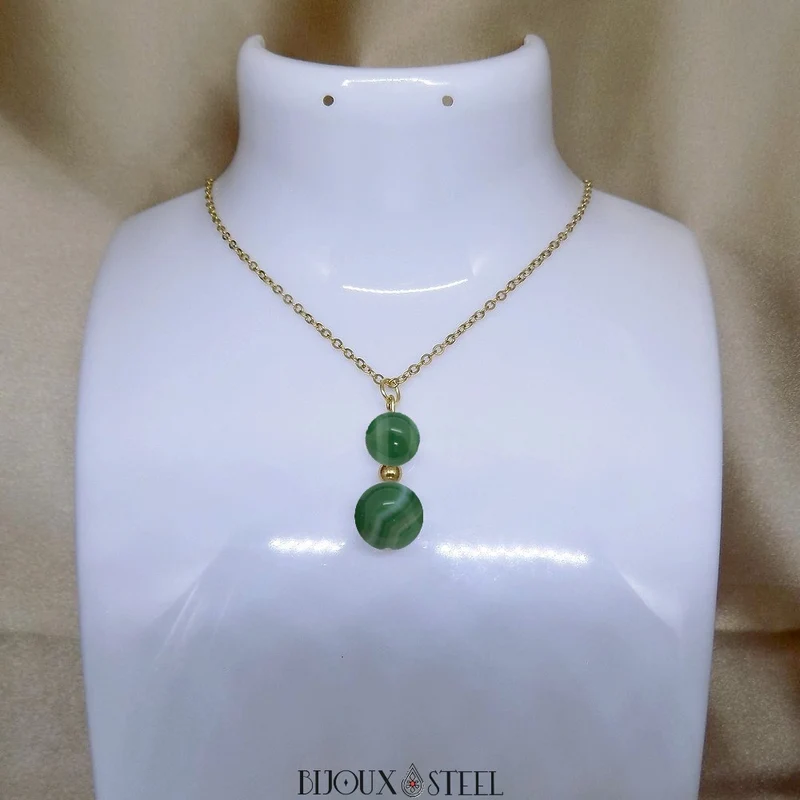 Collier à pendentif deux perles en pierre d'agate verte